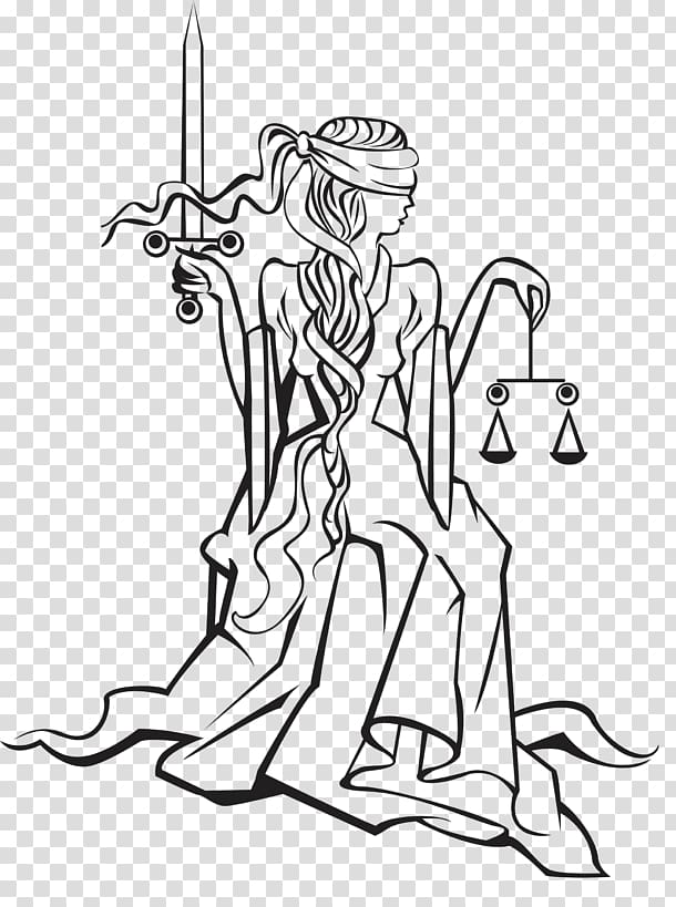 Social and Political Equity - Image description: A drawing of Lady Justice  from the waist up. One hand holds balance scales, while the other lifts her  blindfold enough to see with one