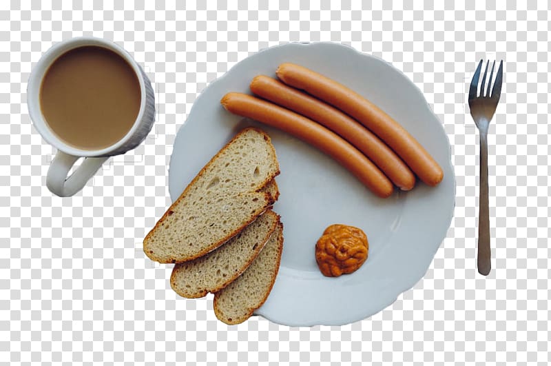 Coffee Sausage Hot dog Latte Breakfast, Western breakfast transparent background PNG clipart