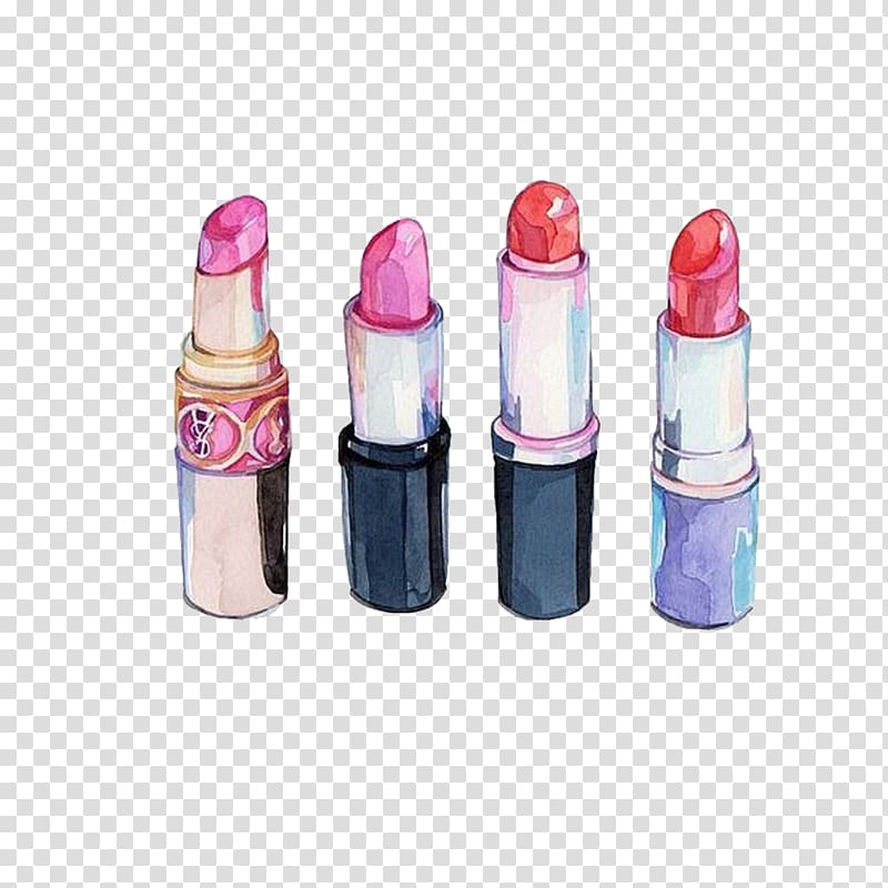 four assorted-color lipsticks illustration, Chanel Lipstick Cosmetics Watercolor painting Drawing, Hand drawn cosmetics,Lipstick transparent background PNG clipart