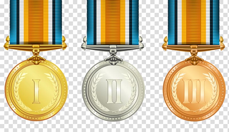 three awards illustration, Gold medal Silver medal , Medals Set transparent background PNG clipart