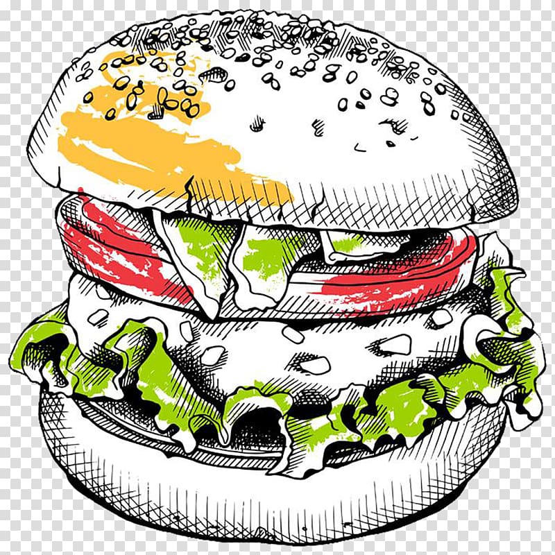 burger illustration, Hamburger Hot dog French fries Cola Pizza, Hand painted burger transparent background PNG clipart