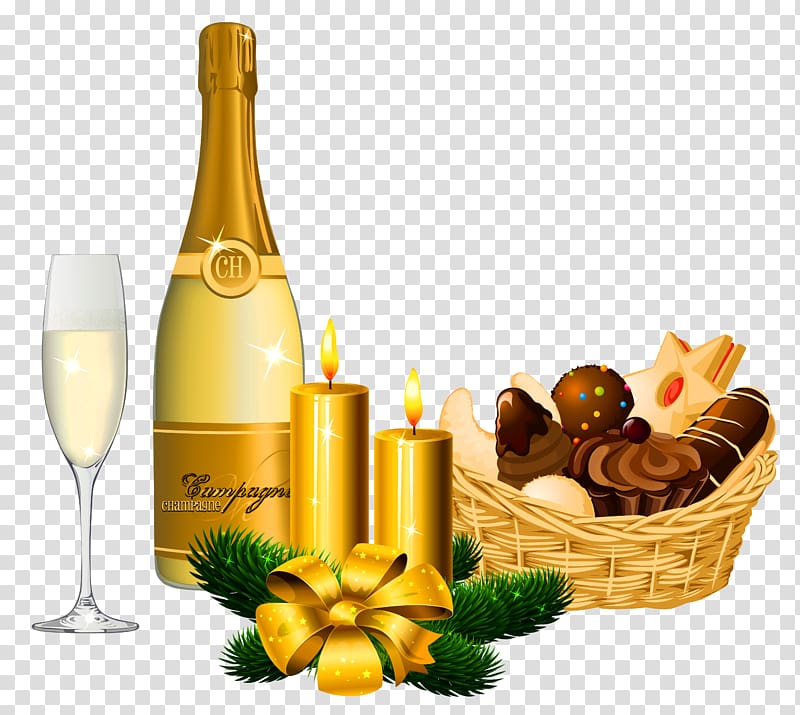 variety of table arrangement , New Year Delicacies and Champagne transparent background PNG clipart