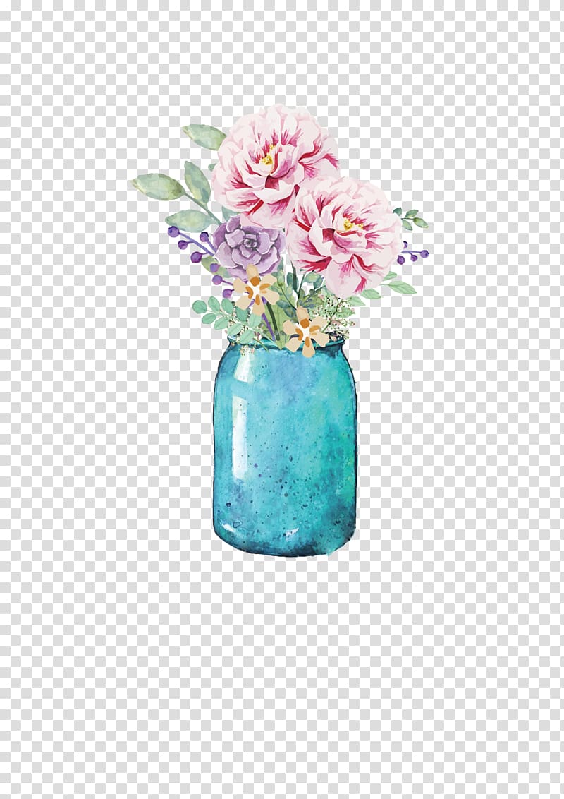 blue jar with pink and purple flowers, Flower Mason jar Watercolor painting Paper, vase transparent background PNG clipart