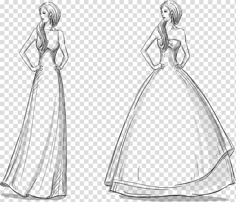 Dress Drawing Gown Fashion, Elegant women painted different dress transparent background PNG clipart