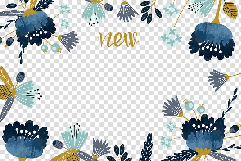 Watercolor painting Flower, hand-painted watercolor flowers border, blue background with new text overlay transparent background PNG clipart