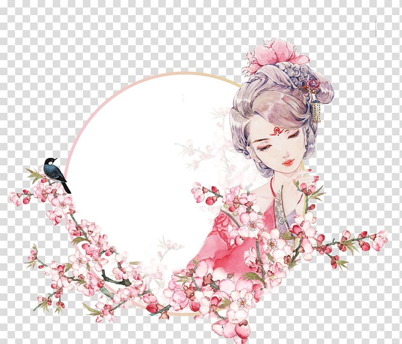 female with kimono illustration, Falling in love Romance Template Significant other, Chinese Peach Blossom Flower transparent background PNG clipart