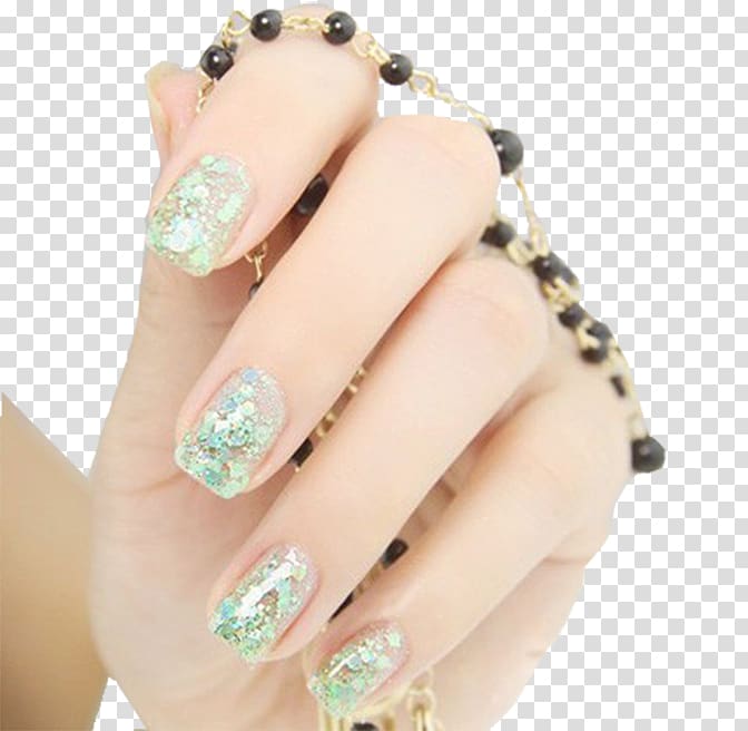 woman with green-and-clear manicure's left hand holding beaded black and gold-colored jewelry, Nail art Make-up, Nail transparent background PNG clipart
