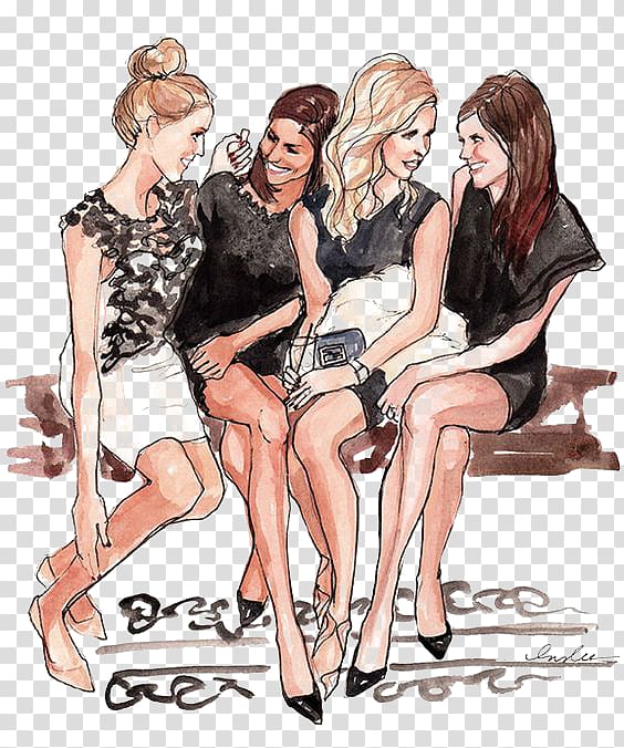 Friendship Drawing Fashion illustration Best friends forever Illustration, Fashion Girl, four woman sitting on bench transparent background PNG clipart
