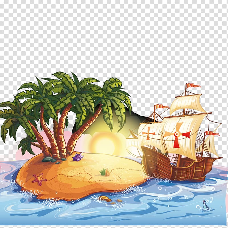 Treasure Island Hotel and Casino Cartoon Piracy Illustration, Tree water and boat transparent background PNG clipart