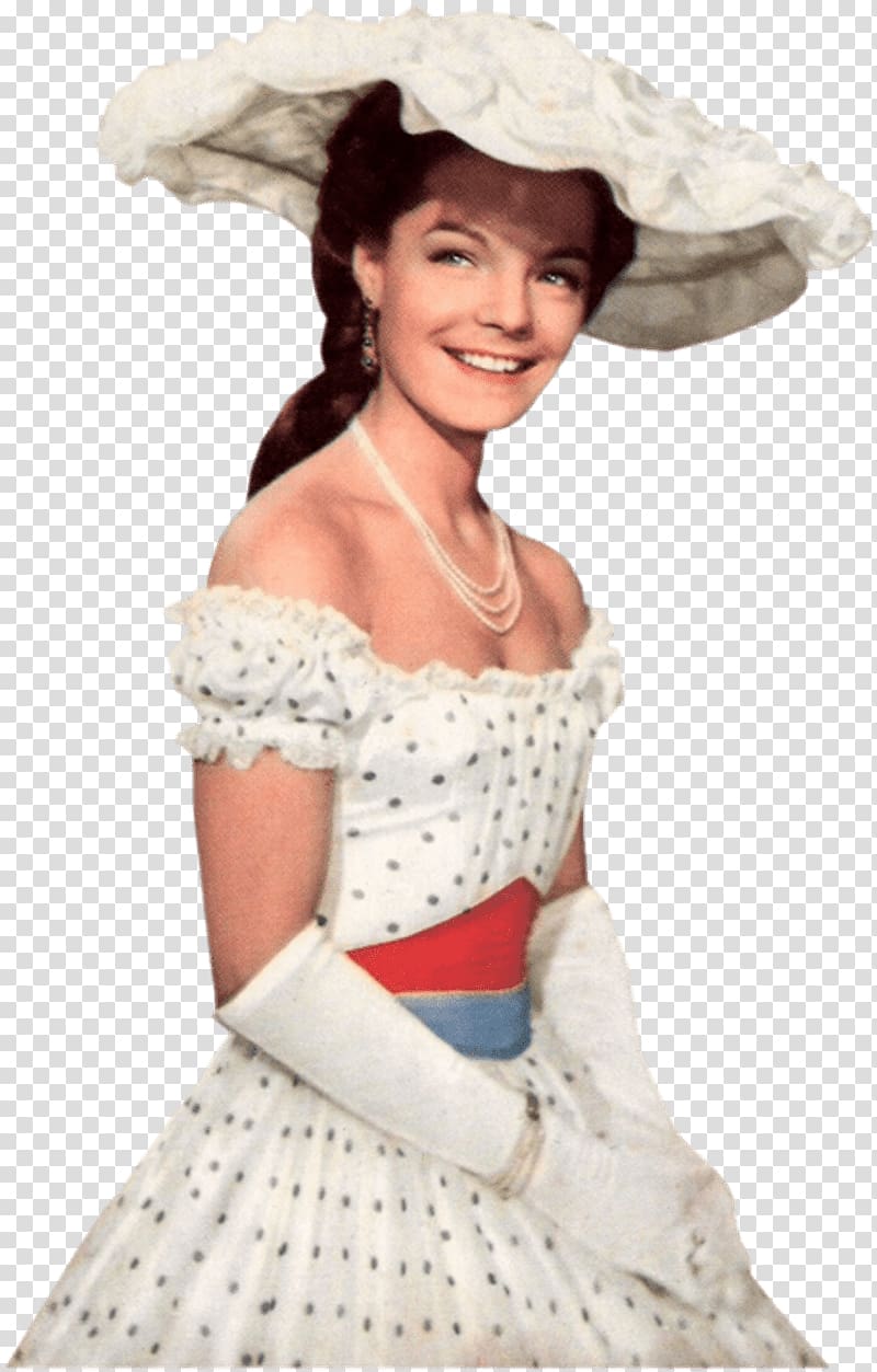 woman wearing white and black polka-dot offshoulder dress and white hat, Romy Schneider transparent background PNG clipart