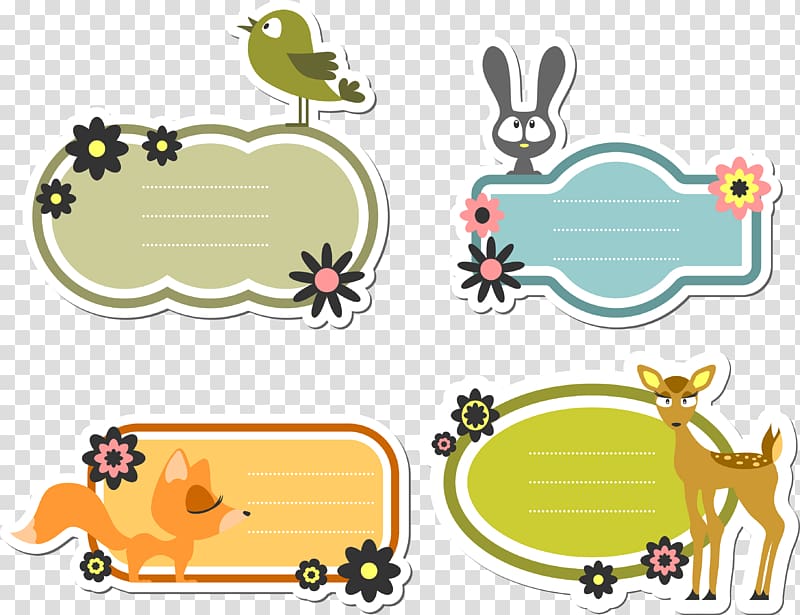 four animal cards, Label Cartoon, Cartoon label transparent background PNG clipart