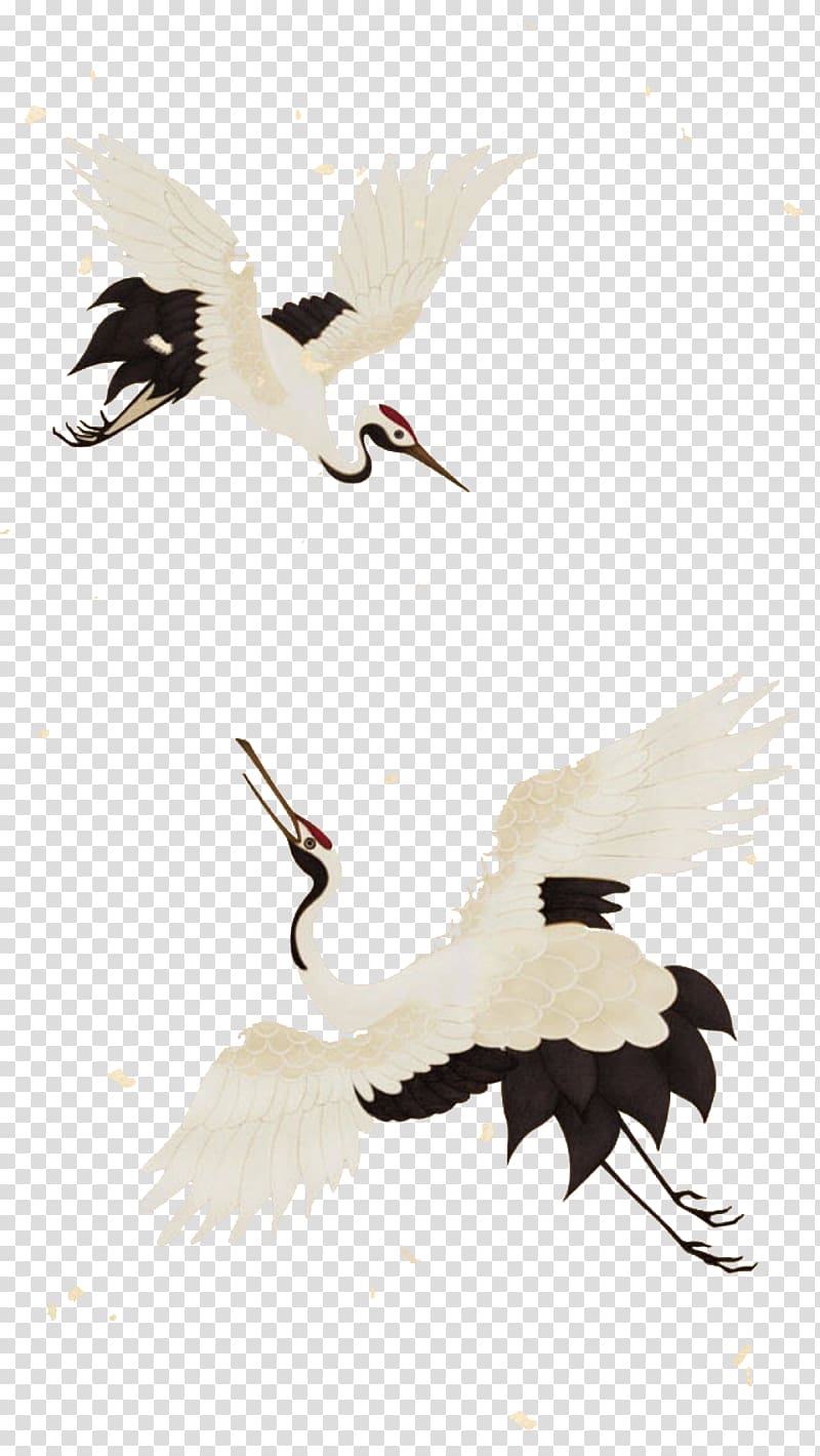two black-and-white cranes illustration, Crane Illustration, Crane transparent background PNG clipart