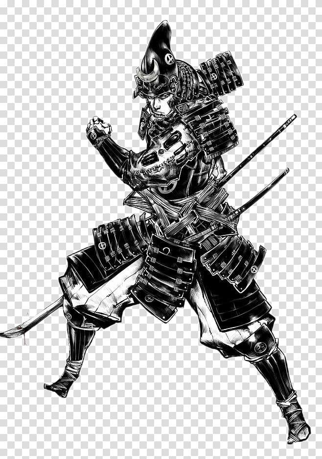 Samurai illustration, Black and white Samurai Ninja Illustration, Samurai black and white transparent background PNG clipart