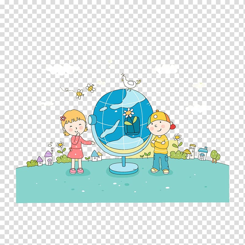 Globe Child Cartoon Illustration, Cartoon cute kids study globe transparent background PNG clipart