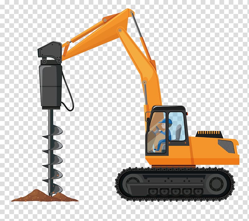 orange and black auger , Heavy equipment Architectural engineering Vehicle Illustration, Yellow Cartoon Drill Excavator transparent background PNG clipart