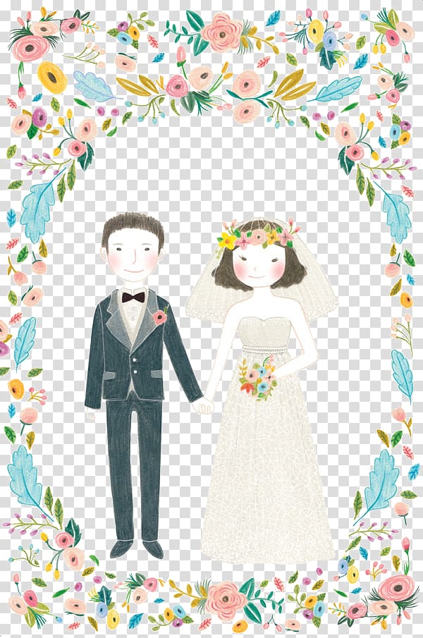 newly wed couple animated illustration, Wedding invitation Marriage Illustration, Wedding Couple transparent background PNG clipart