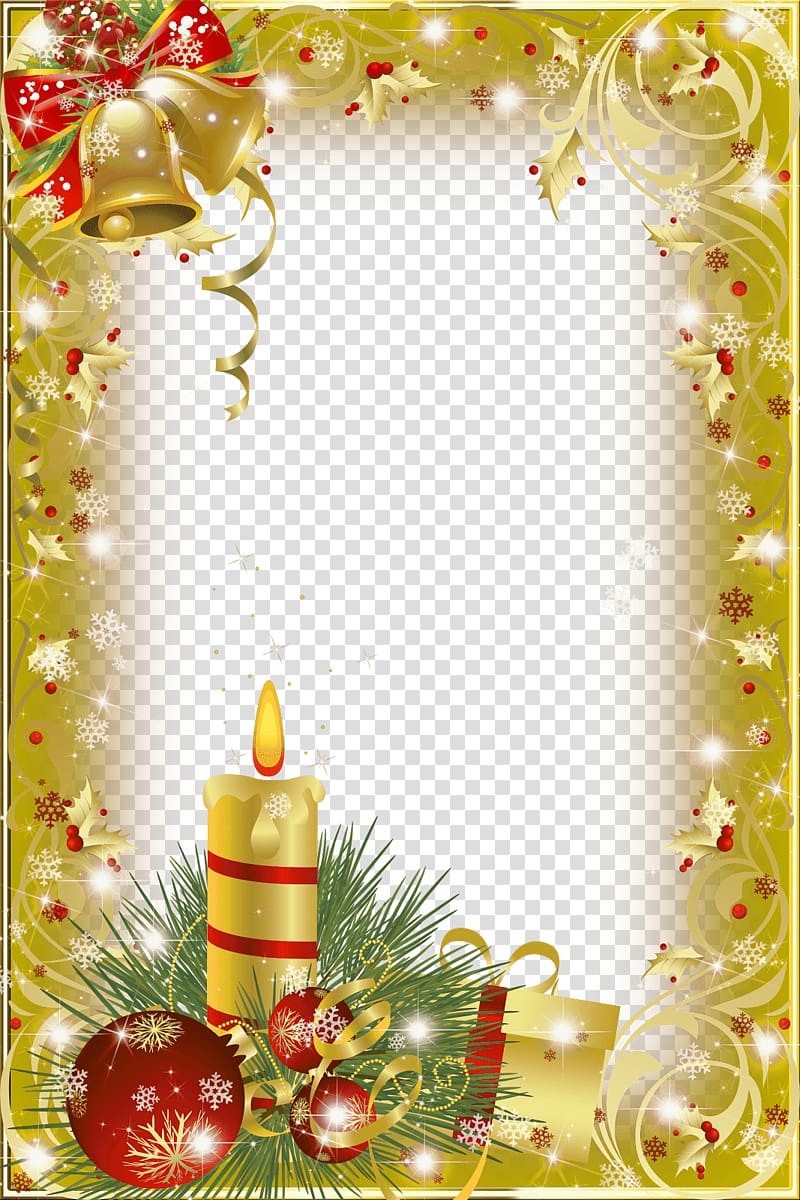 lighted gold and red candle and christmas baubles, Christmas Frame Gold Candle transparent background PNG clipart