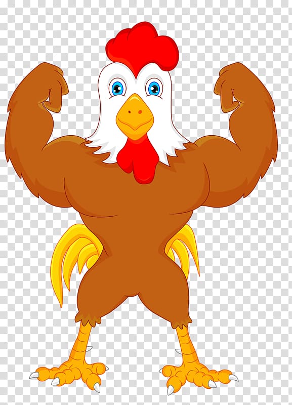 brown and white rooster , Chicken Cartoon Rooster Illustration, Bodybuilding cock transparent background PNG clipart