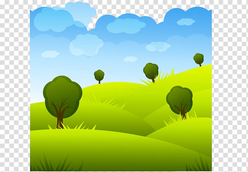 Natural landscape Cartoon Illustration, green grass and white clouds transparent background PNG clipart