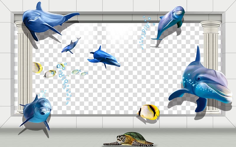 dolphins and fishes illustration, 3D mural transparent background PNG clipart