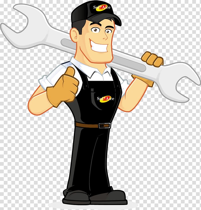 man holding oversized open wrench illustration, Mechanic Cartoon , plumber transparent background PNG clipart