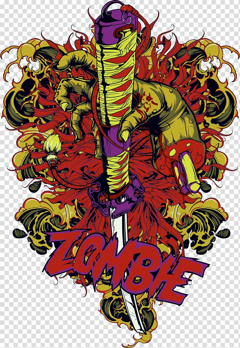 Zombie hand holding samurai illustration, Printed T-shirt Sleeve Clothing, His sword printing transparent background PNG clipart