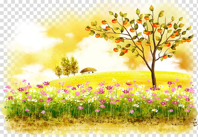 apple tree beside flower field , Autumn Winter Illustration, Autumn background transparent background PNG clipart
