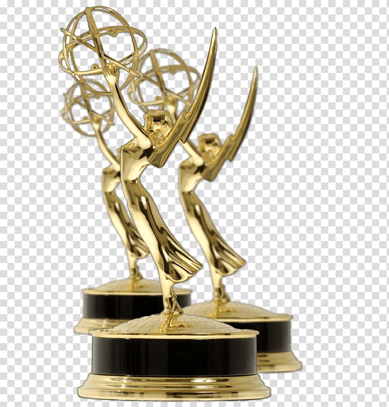 three gold trophies, Emmy Awards transparent background PNG clipart