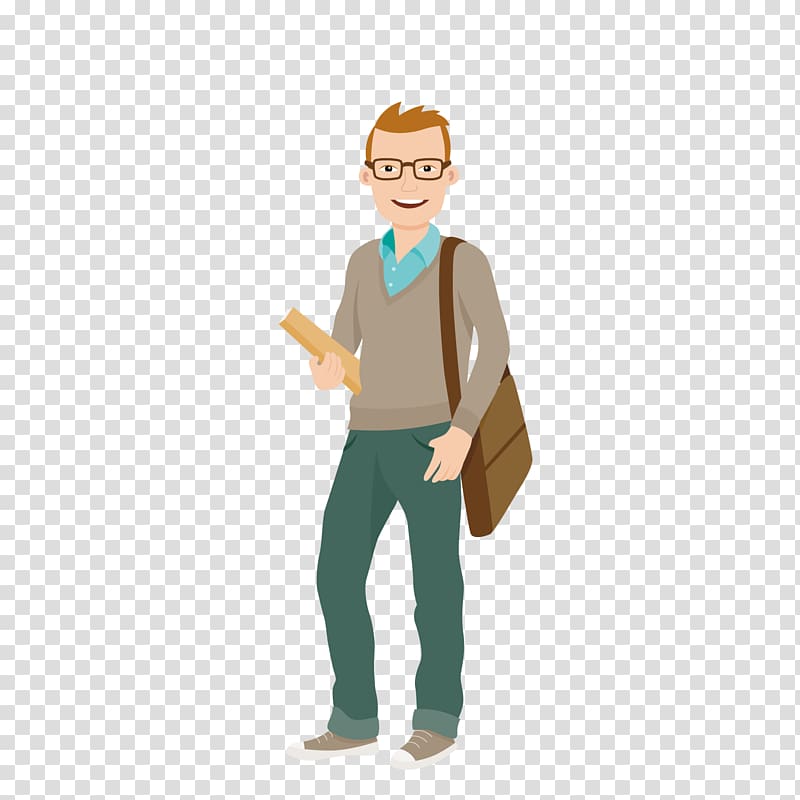smiling man with crossbody bag carrying book illustration, Student University College Cartoon , Carrying shoulder bag college students transparent background PNG clipart