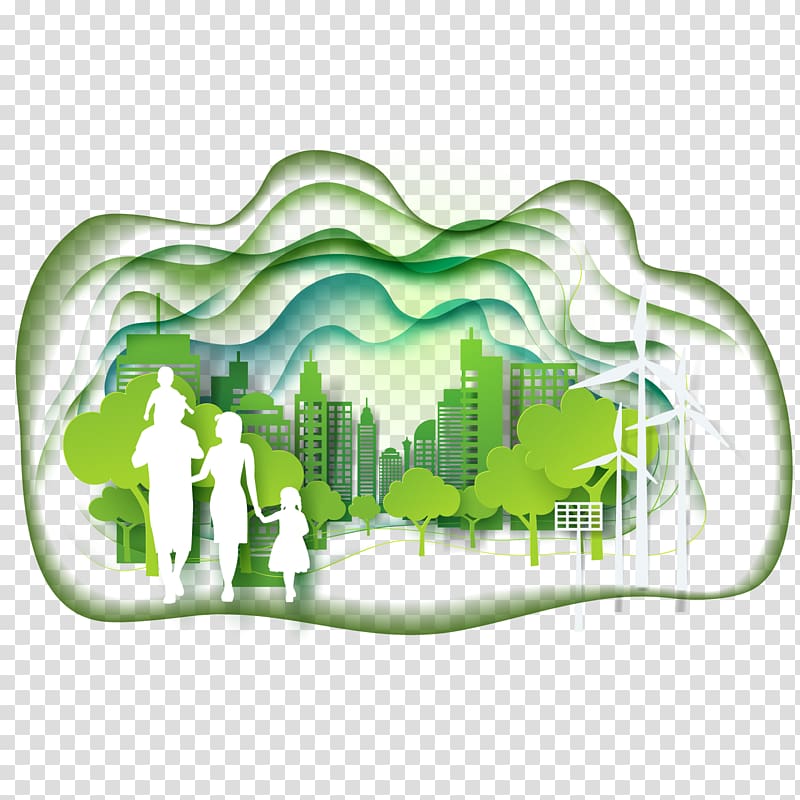 family walking on road beside wind mill illustration, Green Sustainable city Ecology, Green eco city and family silhouette transparent background PNG clipart
