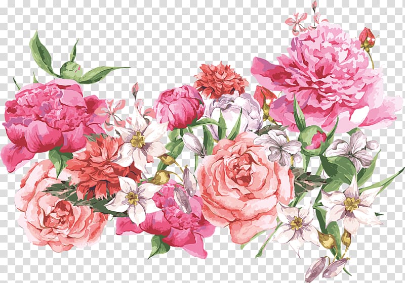 pink flowers illustration, Greeting card Birthday Flower Wish Rose, Hand-painted flowers transparent background PNG clipart
