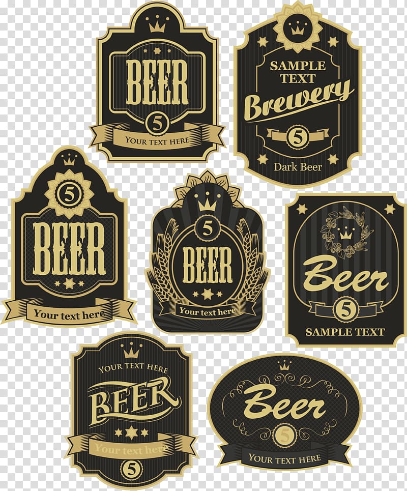 seven black-and-brown pub mirrors illustration, Beer Label Sticker Vintage, beer icon transparent background PNG clipart