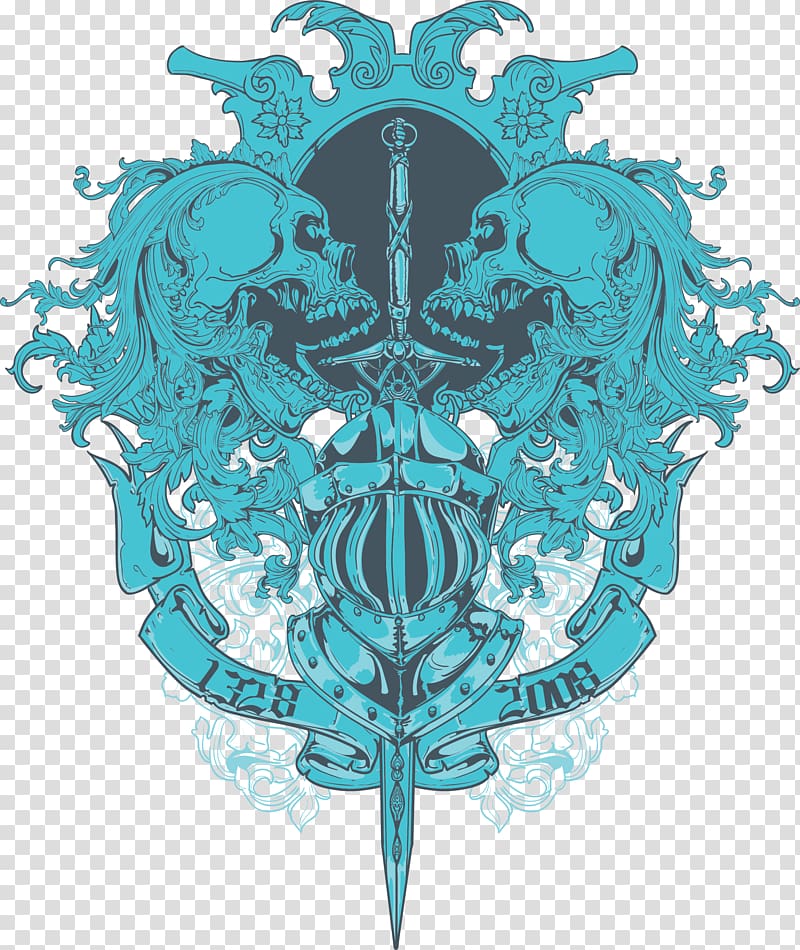 teal human skulls with sword illustration, T-shirt Printing Sword Graphic design, Sword and Wings printing transparent background PNG clipart