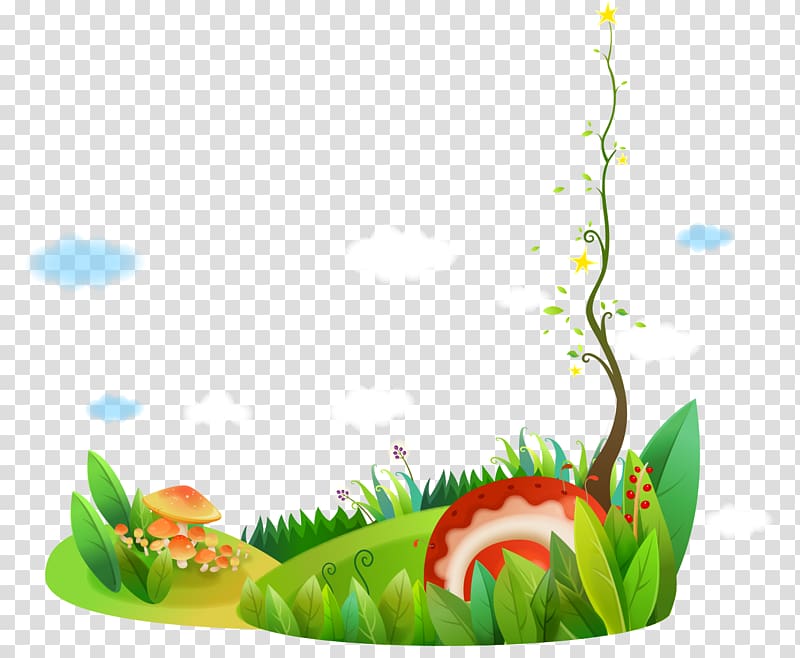 mushrooms , Drawing Adobe Illustrator Cartoon, Cartoon painted vine tree green grass and flowers transparent background PNG clipart