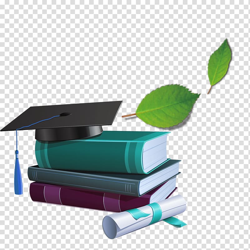books, mortar board, and two leaves art, Square academic cap Graduation ceremony Hat , Dr. cap material transparent background PNG clipart