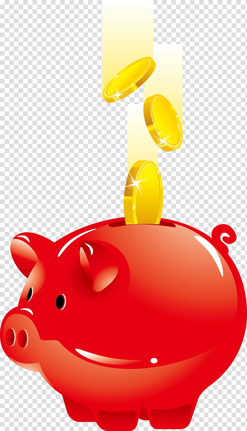 three gold-colored coins floating on red piggy bank, Piggy bank Saving Money, red piggy bank transparent background PNG clipart