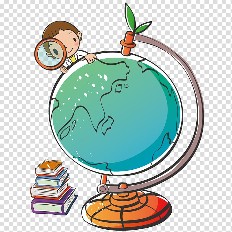 person holding magnifying glass standing near desk globe illkustration, Student Coin Boy , Boy Study Globe transparent background PNG clipart