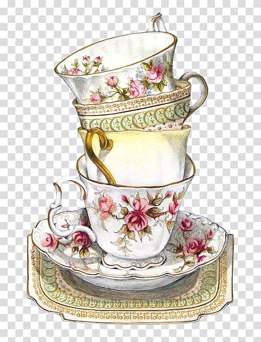 floral ceramic teacups piling up on saucer painting, Green tea Teacup Saucer Tea party, Printing tea sets transparent background PNG clipart