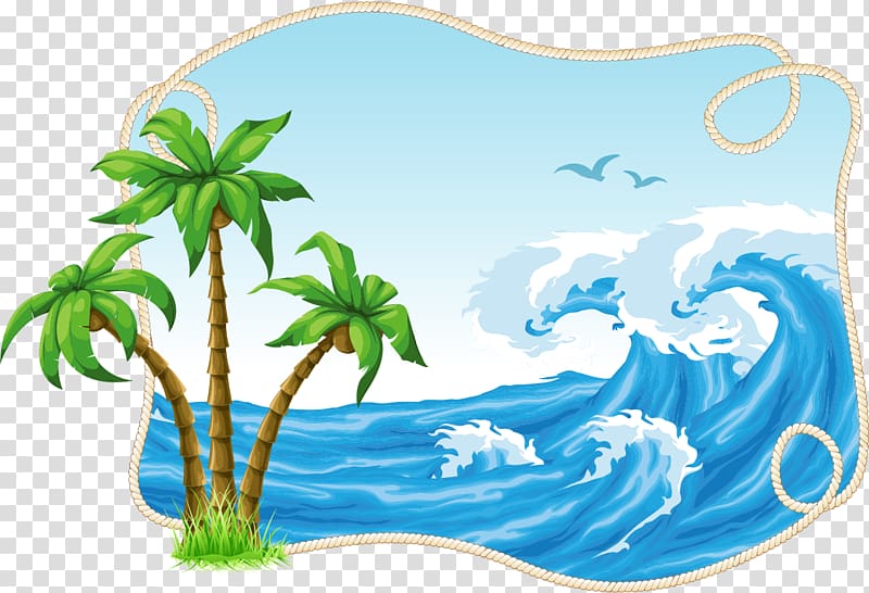 waves and palm tree illustration, Coconut tree material decorative patterns Free buckle transparent background PNG clipart