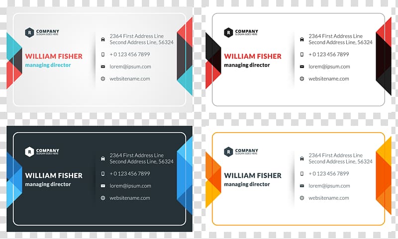 four assorted-color William Fisher business cards, Business card Graphic design Advertising, Personalized business cards design transparent background PNG clipart