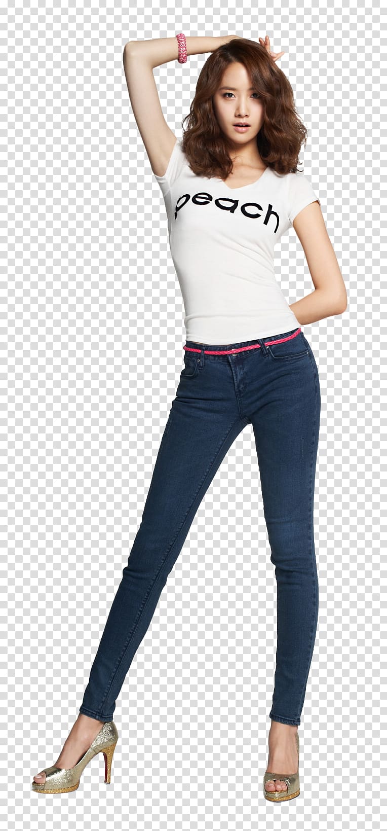 women's white and black peach printed shirt and denim jeans, Im Yoon-ah T-shirt Jeans Girls\' Generation Clothing, Celebrities transparent background PNG clipart