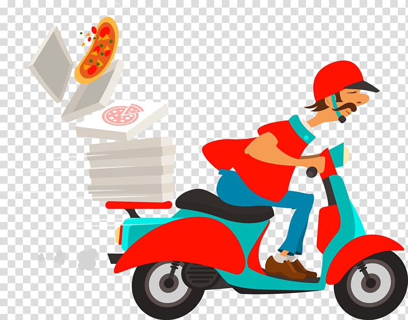man riding a motorcycle illustration, Pizza delivery Pizza delivery Online food ordering Restaurant, The pizza delivery man transparent background PNG clipart