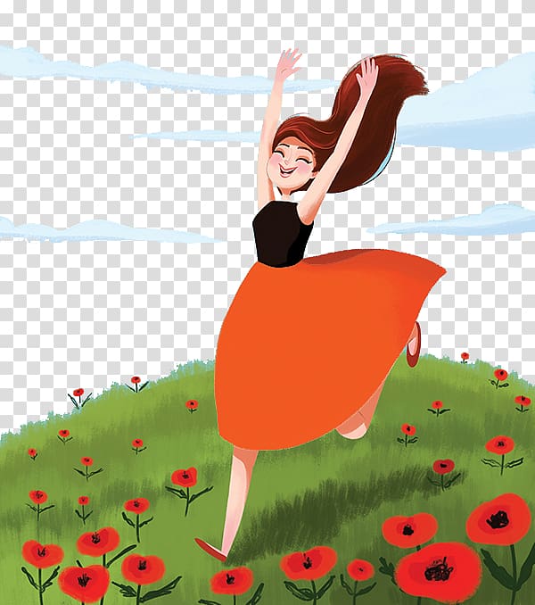 Cartoon Drawing Illustration, Girl running in field transparent background PNG clipart