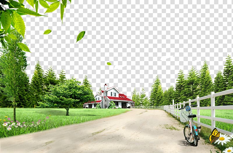 bicycle park beside fence near house under blue sky, , Rural road transparent background PNG clipart