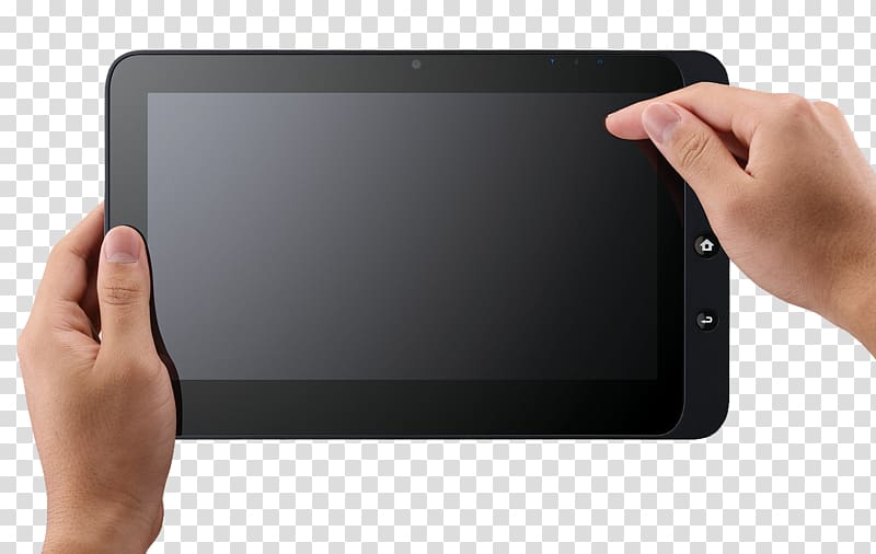 person using black tablet computer with black screen, iPad Android Mobile device Touchscreen, Hand Holding Tablet transparent background PNG clipart