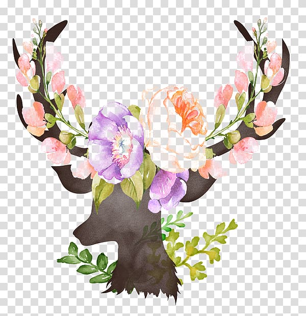 pink, purple, and black buck with flowers illustration, Red deer Computer file, deer transparent background PNG clipart