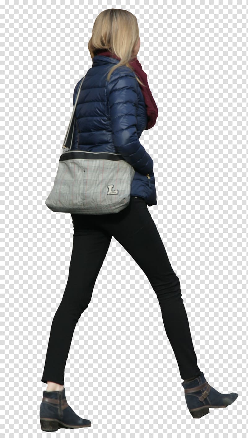 woman wearing blue bubble jacket carrying bag, Walking Tall Woman, walk transparent background PNG clipart