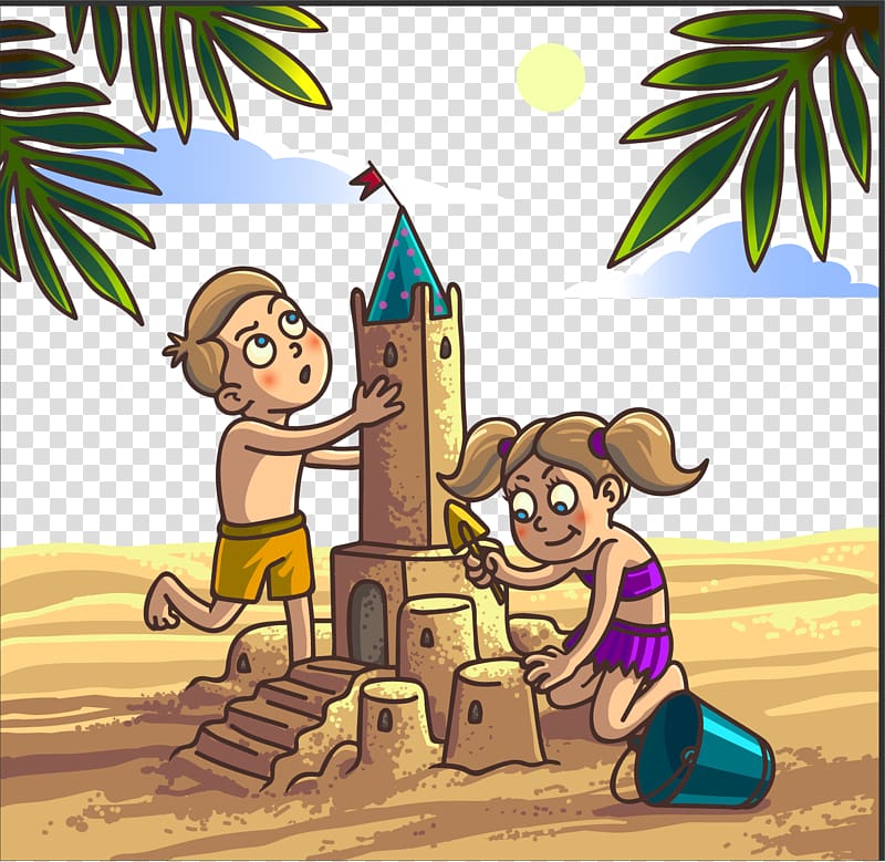 Sand art and play Cartoon , Children playing beach material transparent background PNG clipart