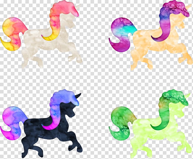 Watercolor painting Unicorn, 4 Water Stained Unicorn material transparent background PNG clipart