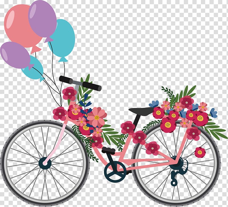 pink bicycle with balloons , Euclidean Wedding Icon, A bike full of flowers transparent background PNG clipart
